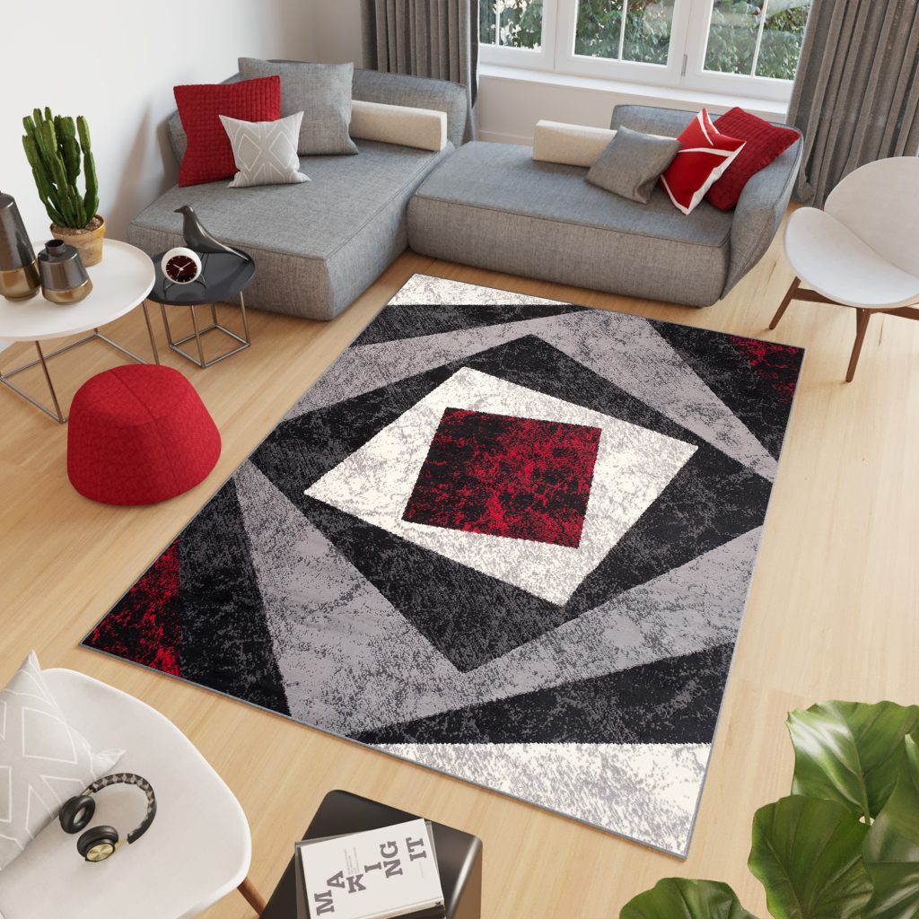 Covor Dream Geometric Gri Roșu Pătrate