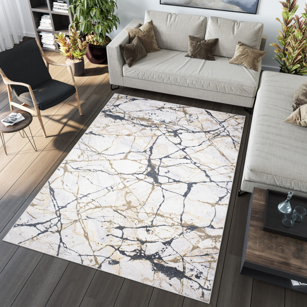 Covor Toscana Crem-Auriu cu Model de Marmură Negru