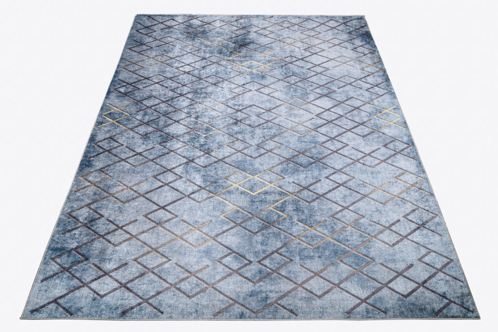 Covor Toscana Geometric Albastru cu Pătrate Aurii