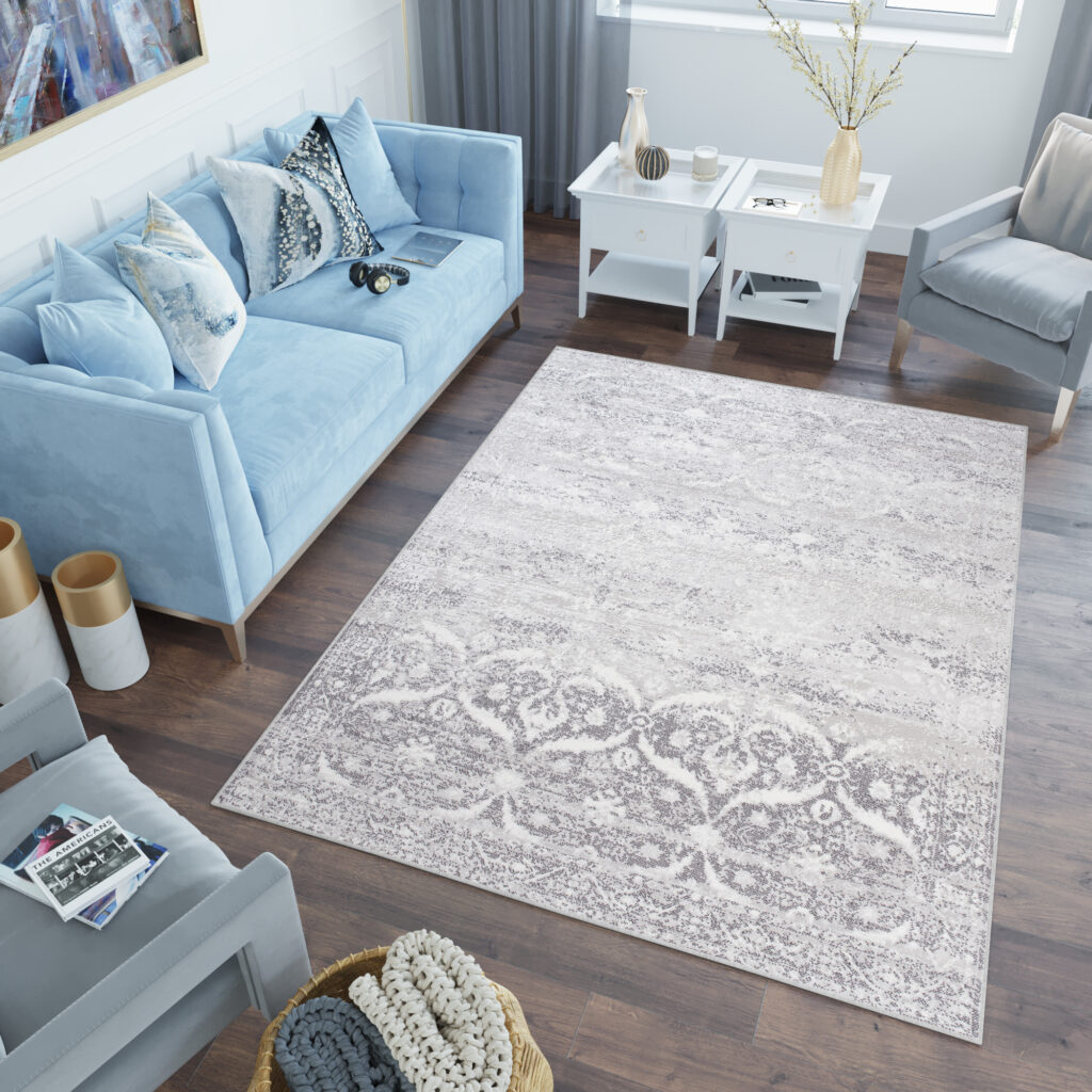 Covor Sky Gri Vintage Florale Efect de Uzură