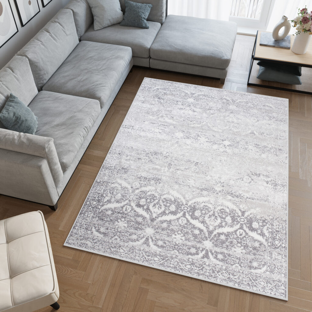 Covor Sky Gri Vintage Florale Efect de Uzură