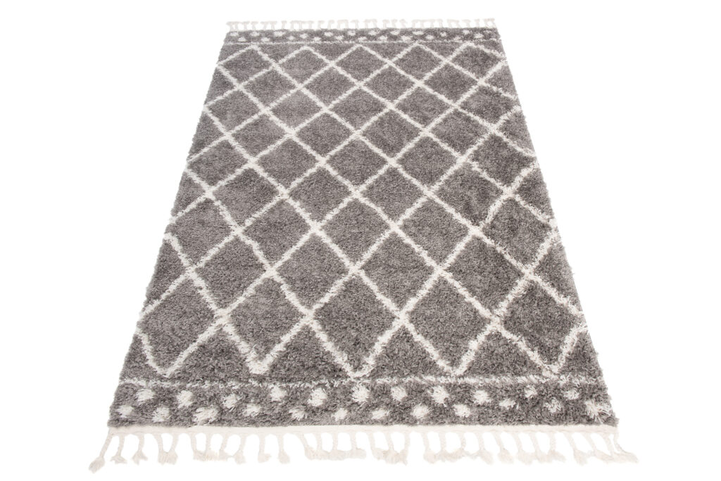 Covor Boho cu Ciucuri Gri Carouri Puncte Shaggy