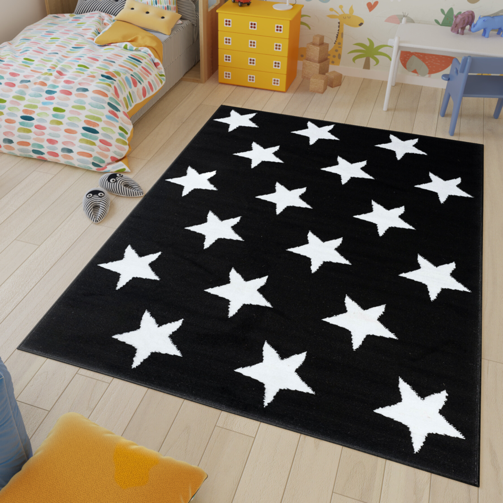 Covor Luxury Negru Alb Stele pentru Copii