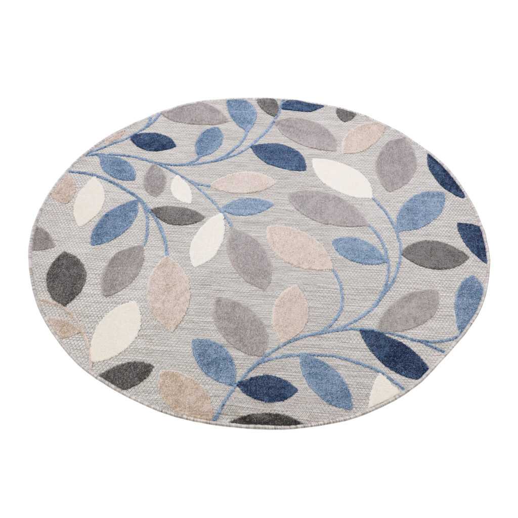 Covor de Exterior Patio Rotund Gri Albastru Frunze