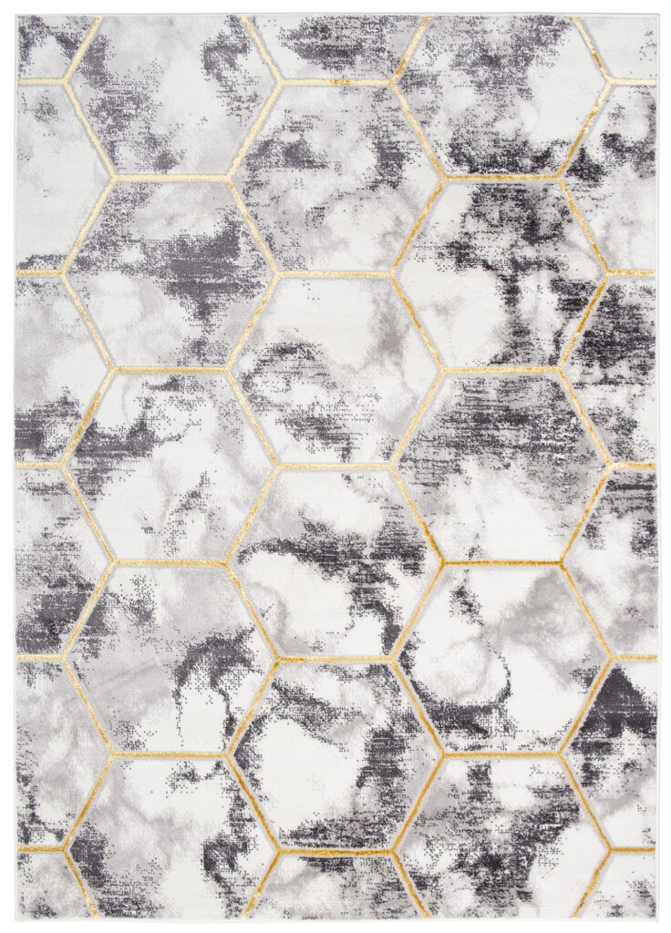 Covor Shine Gri Auriu Hexagon Geometric Efect 3D