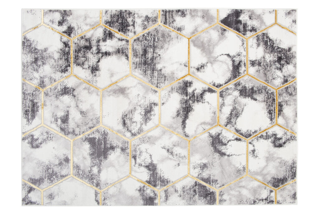 Covor Shine Gri Auriu Hexagon Geometric Efect 3D