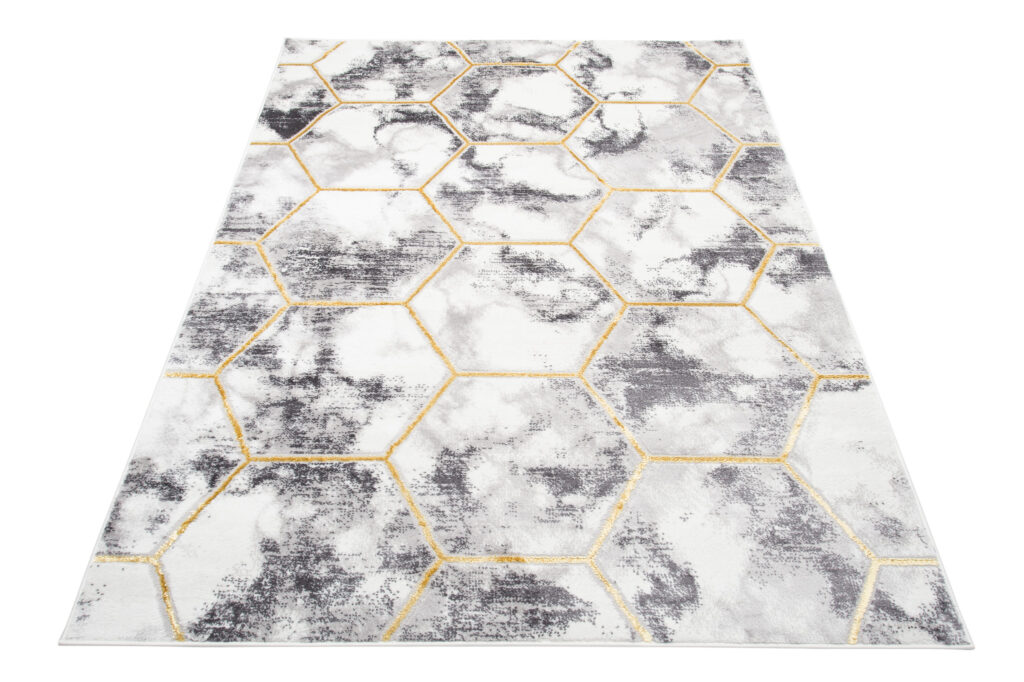 Covor Shine Gri Auriu Hexagon Geometric Efect 3D