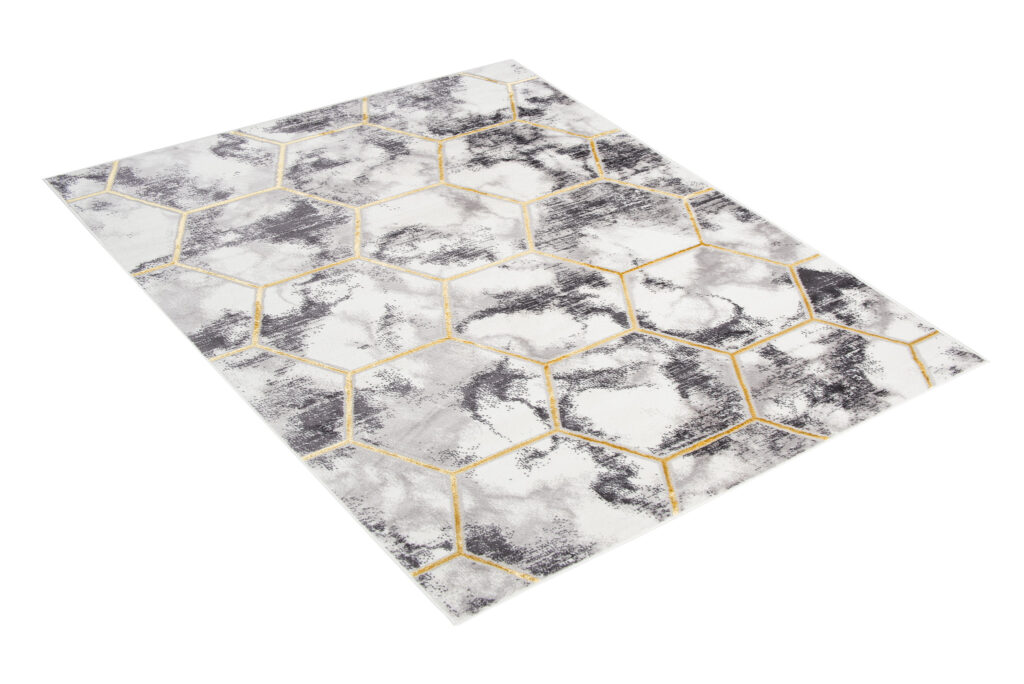 Covor Shine Gri Auriu Hexagon Geometric Efect 3D