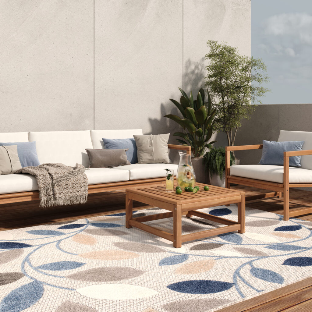 Covor de Exterior Patio Gri Albastru Frunze