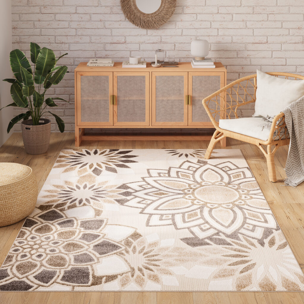 Covor de Exterior Patio Crem Gri Flori