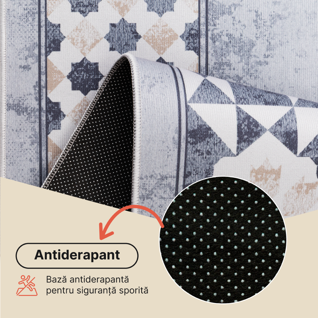 Covor Nora Gri Bej cu Ramă Antiderapant