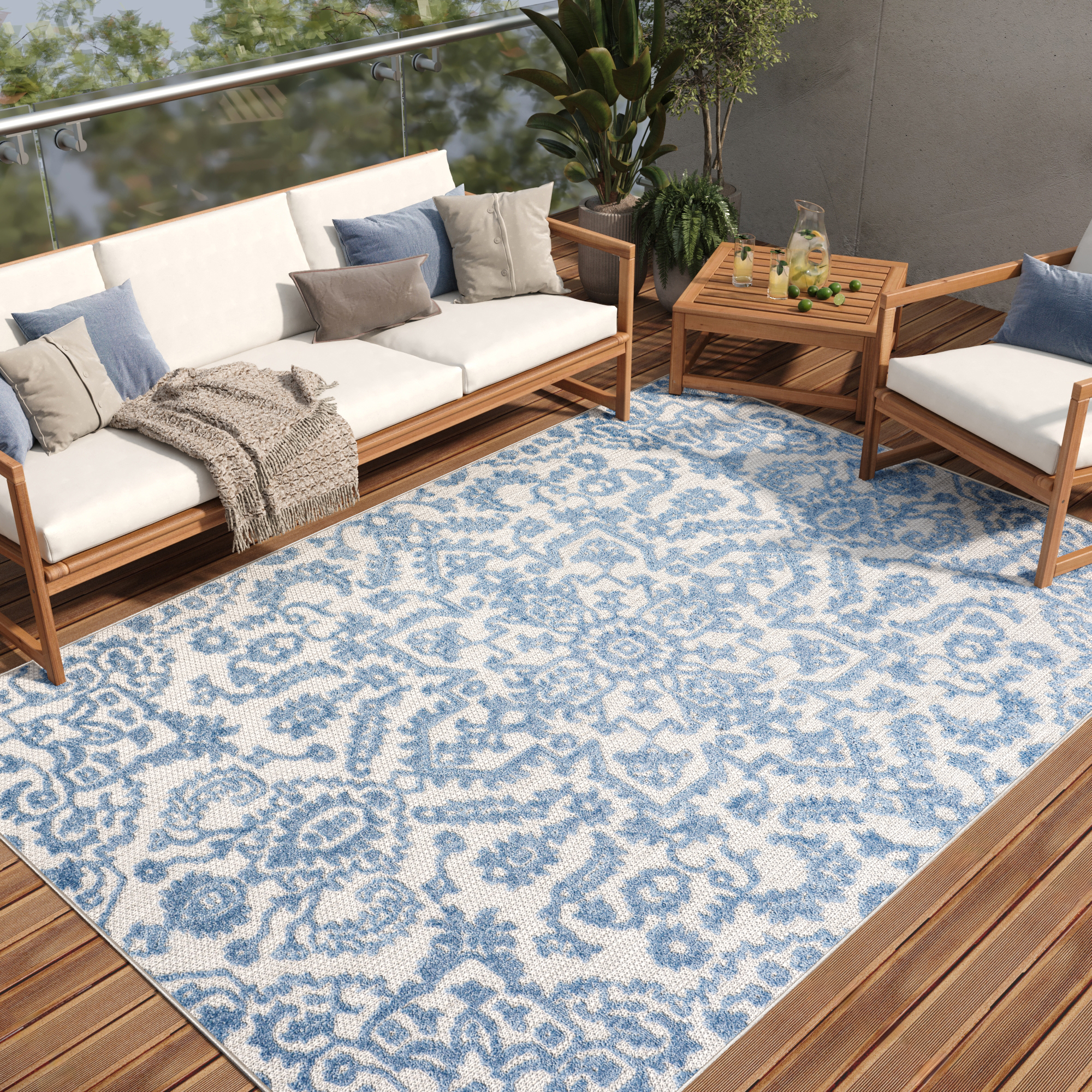 Covor Exterior Patio Albastru Ornamente