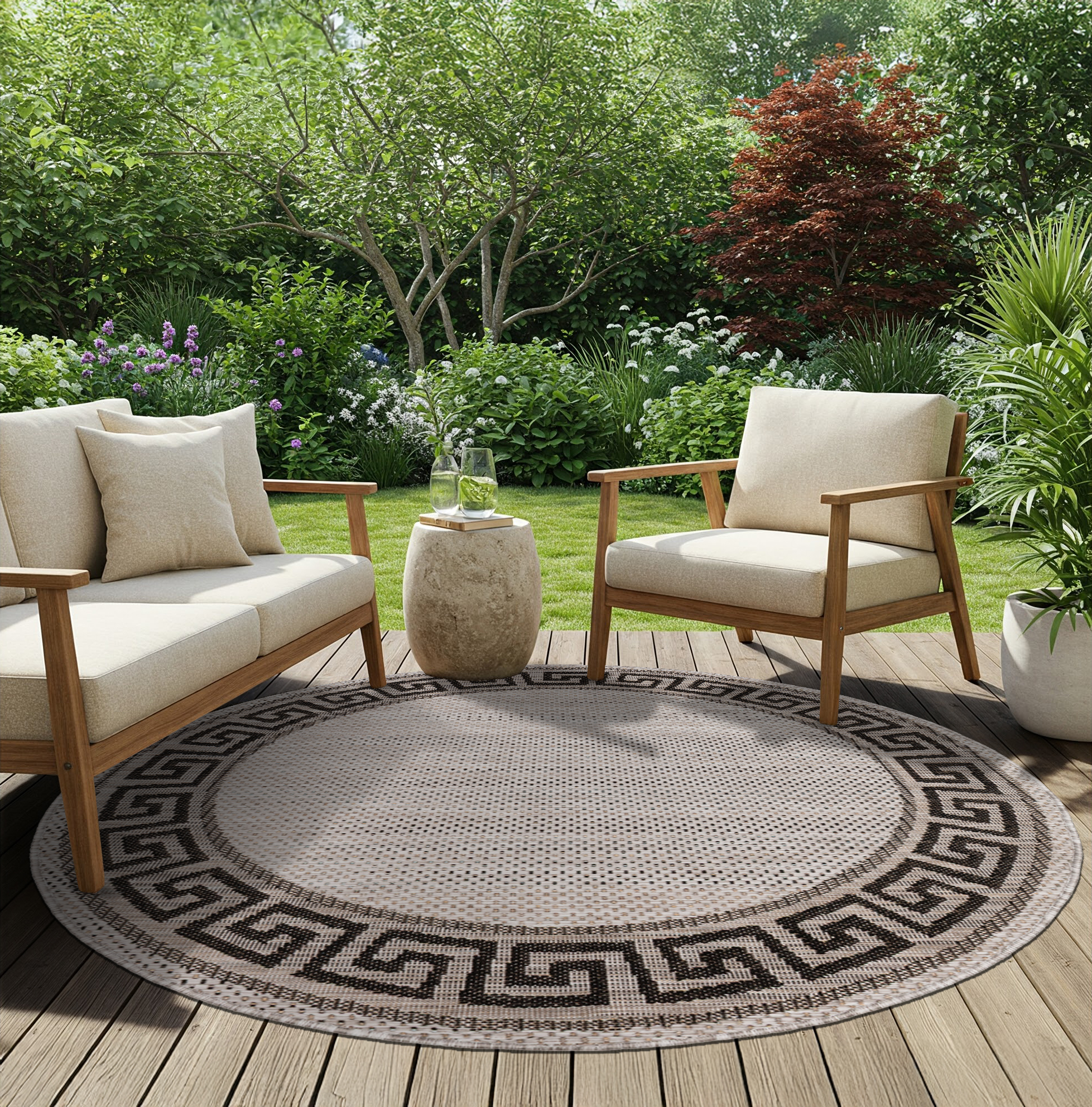 Covor Melissa Rotund Gri Negru ZigZag Indoor Outdoor