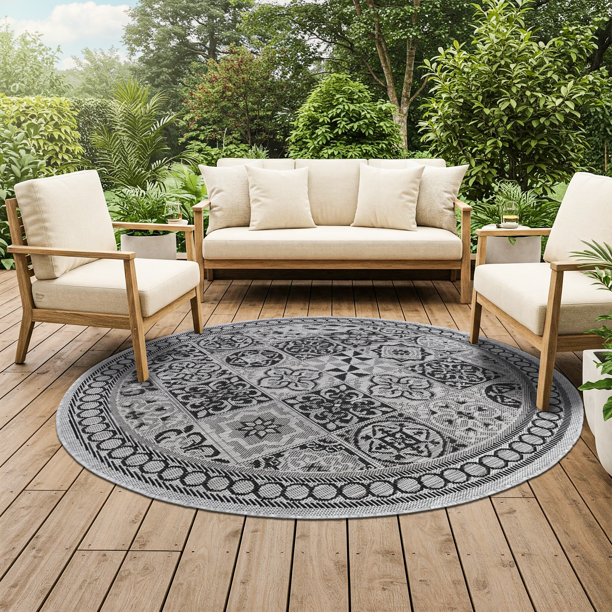 Covor Melissa Rotund Gri Negru Mozaic Indoor Outdoor
