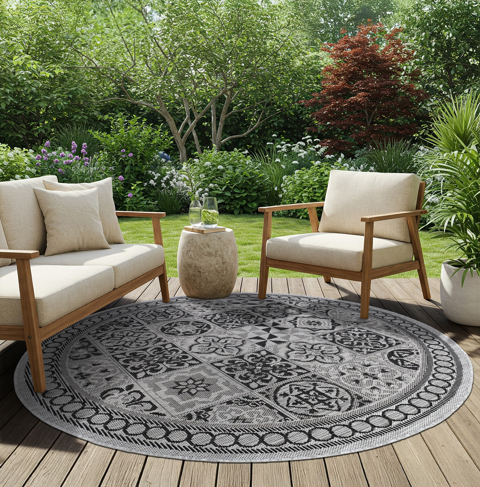 Covor Melissa Rotund Gri Negru Mozaic Indoor Outdoor