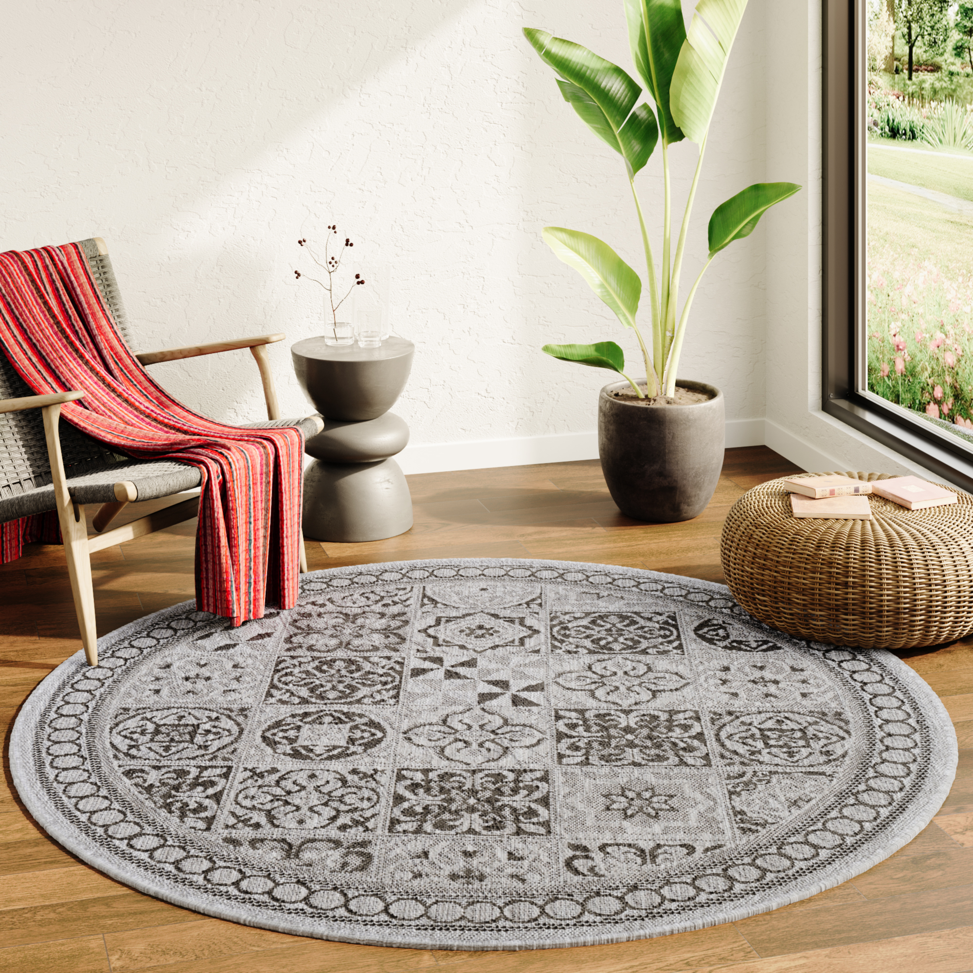 Covor Melissa Rotund Gri Negru Mozaic Indoor Outdoor