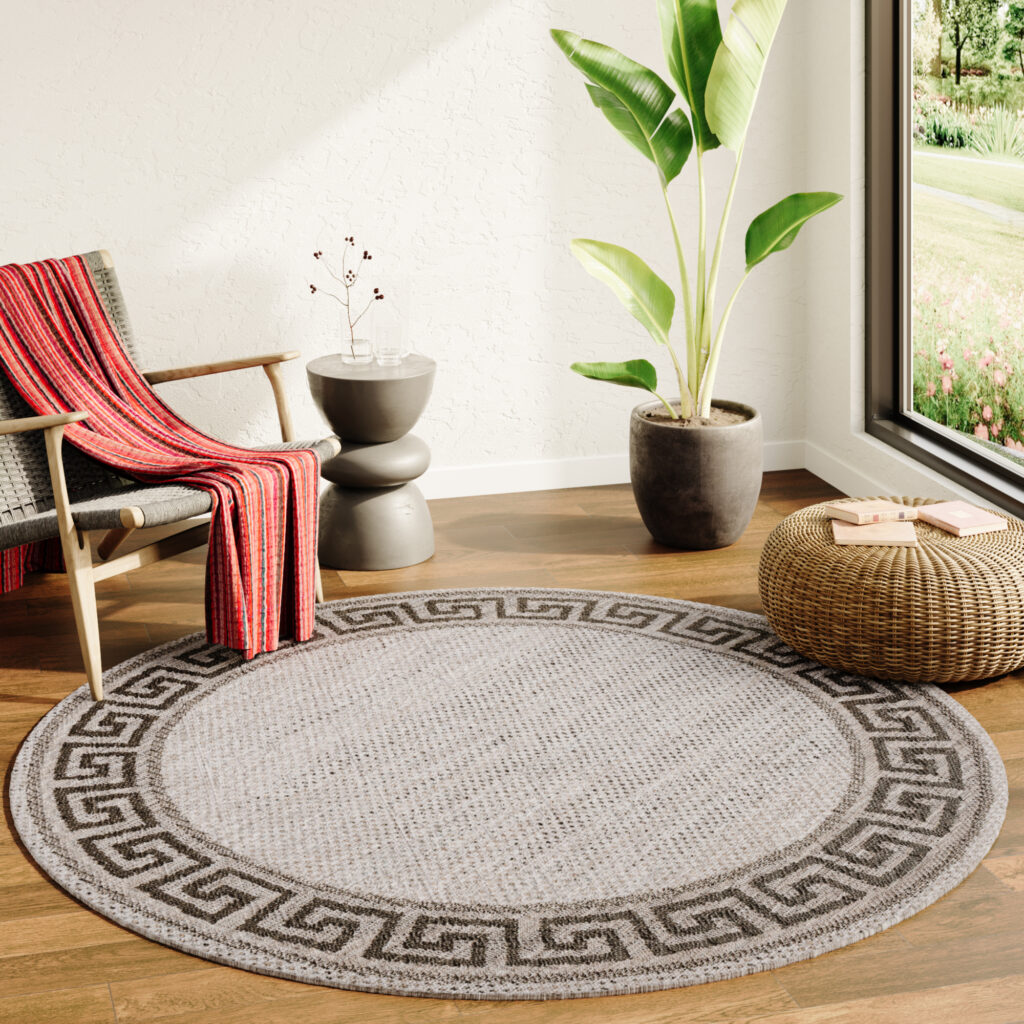 Covor Melissa Rotund Gri Negru ZigZag Indoor Outdoor