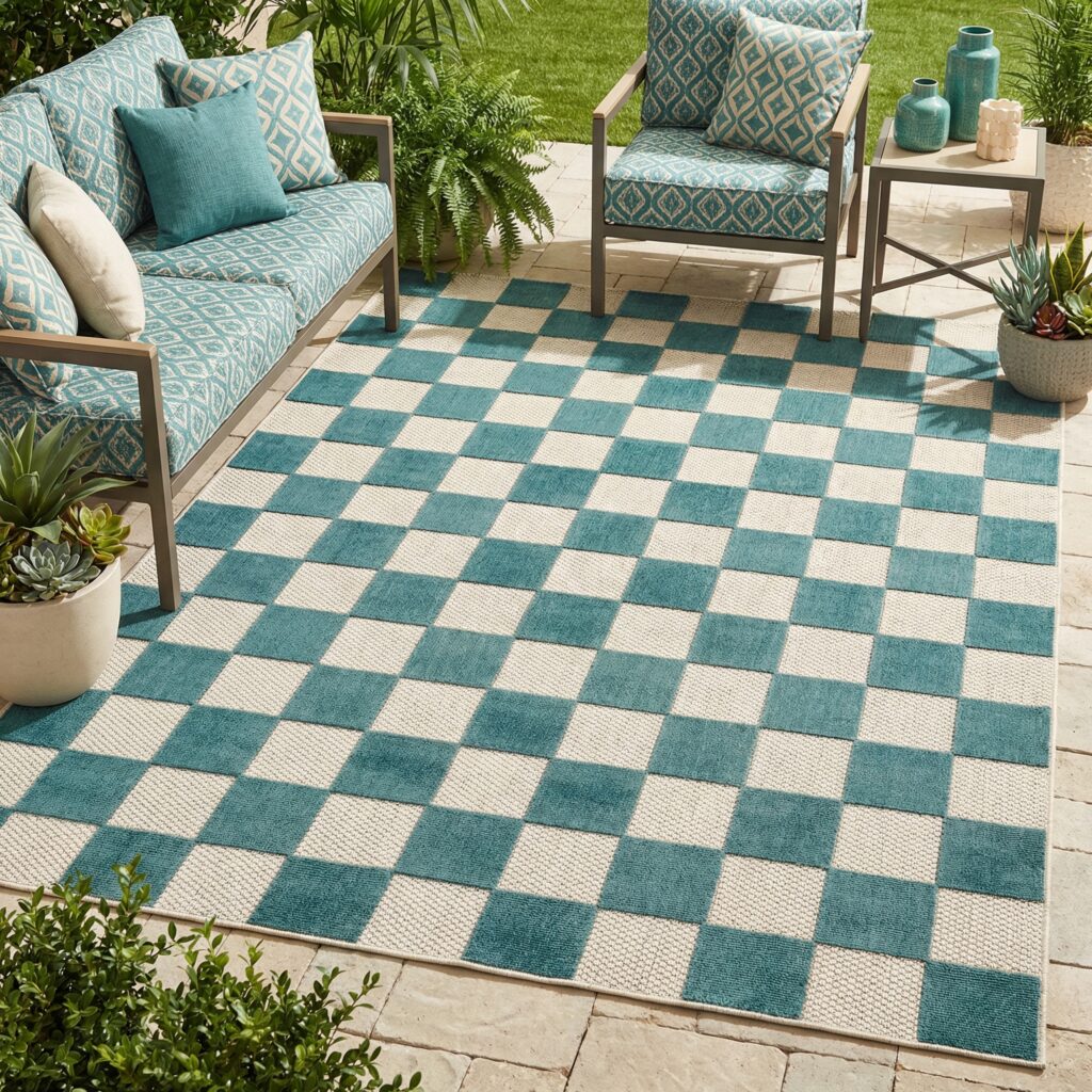 Covor Exterior Checker Crem Turcoaz