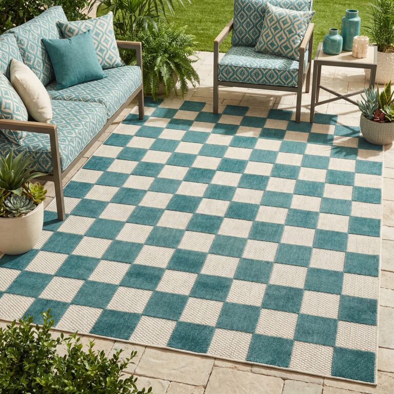 Covor Exterior Checker Crem Turcoaz