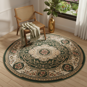Covor Atlas Rotund Clasic cu Ornament Verde și Bej