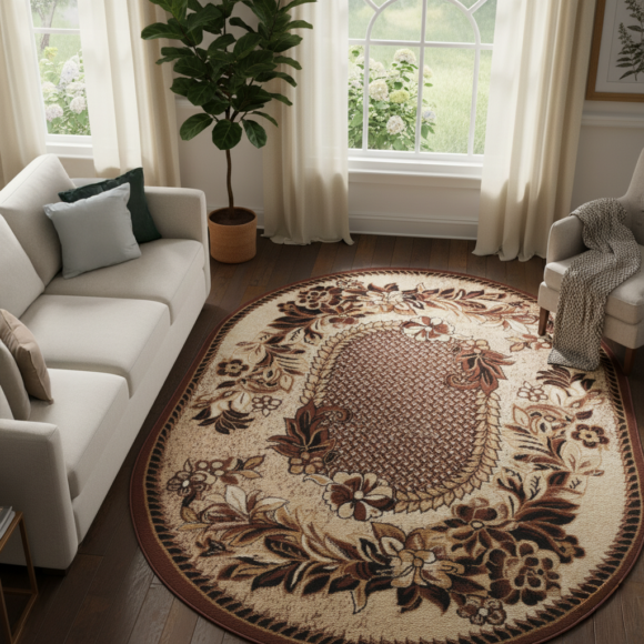 Covor Atlas Oval Bej Maro Motiv Floral