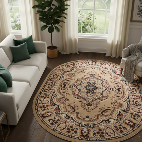 Covor Atlas Oval Ornament Bej Închis Maro