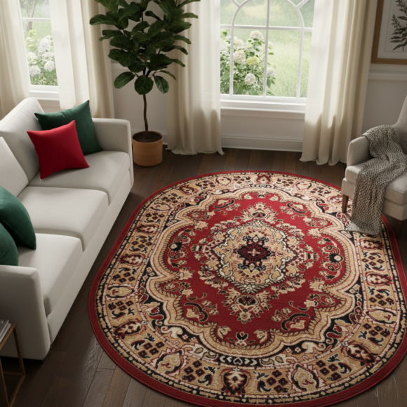 Covor Atlas Oval Clasic Ornament Bej Roșu