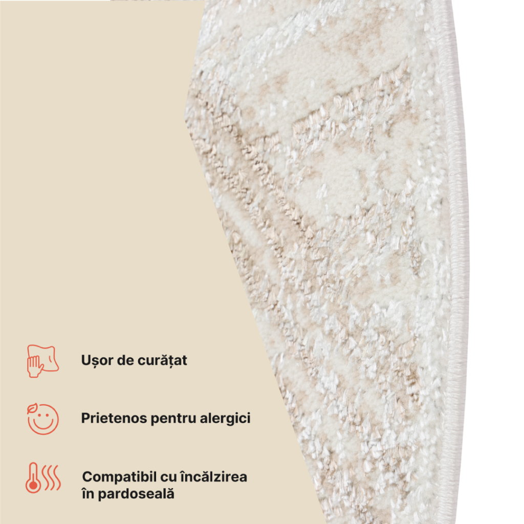 Covor Crystal Rotund Crem Maro Efect de Uzură Linii