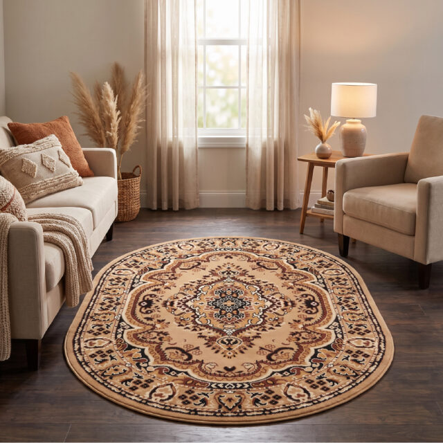Covor Atlas Oval Ornament Bej Închis Maro